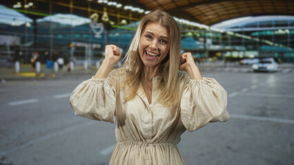 Fototapeta premium Young blonde woman raises fists in celebration at airport curbside, smiling broadly with hands up and fists clenched in multiple frames; vacation joy.