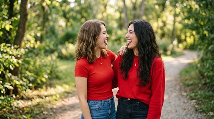 Fototapeta premium Two playful young women making funny faces together in a forest, celebrating friendship, joy and carefree moments outdoors
