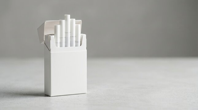Minimalist white cigarette pack isolated on a neutral background with copy space, representing smoking, tobacco and addiction