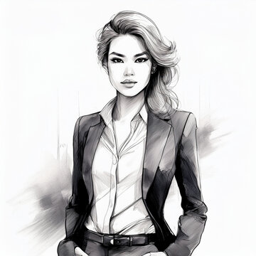 Business woman standing wearing a suit black and white sketch