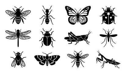 Black Insect Silhouette Set with Bee Ant Butterfly Dragonfly and Beetle Vector Collection © Md