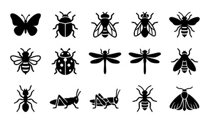 Insect Filled Icon Set with Butterfly Beetle Fly Bee and Bug Silhouettes Vector Collection © Md