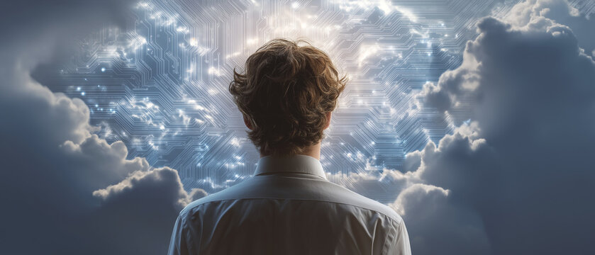 Spiritual Awakening: A person viewed from behind, looking up towards a radiant, cloud-filled sky, symbolizing spiritual enlightenment, contemplation, and the quest for knowledge.
