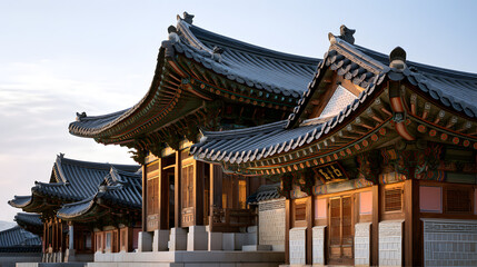 Fototapeta premium Traditional Korean Hanok Rooflines with Elegant Upturns Captured in Unique Architectural Style