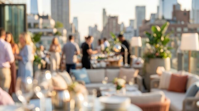 Blurred rooftop party social gathering city skyline background luxury terrace lounge lifestyle event bokeh city lights sunset networking celebration