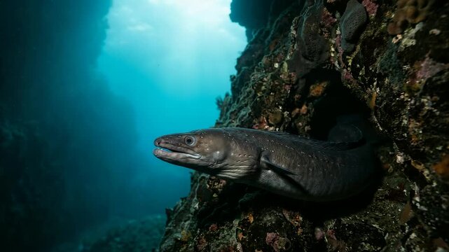 conger eel hiding in underwater cave mediterranean sea close up video