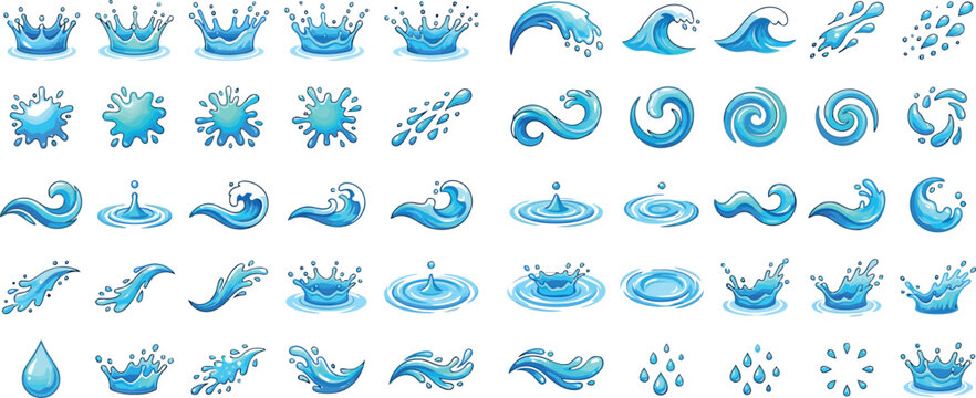 Colorful water wave and splash icons set