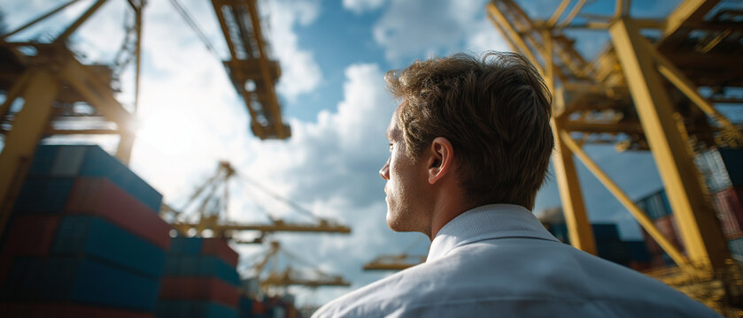 Global Trade Vision: A determined businessman surveys a bustling port with towering cranes and stacked containers under a bright sky, symbolizing ambition and the power of global commerce.