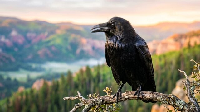 common raven making guttural croaks in yellowstone national park usa morning light close up video