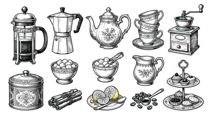 Vintage coffee and tea set vector illustrations, antique cafe kitchenware collection, hand drawn sketch of french press moka pot and teapot © Tayba