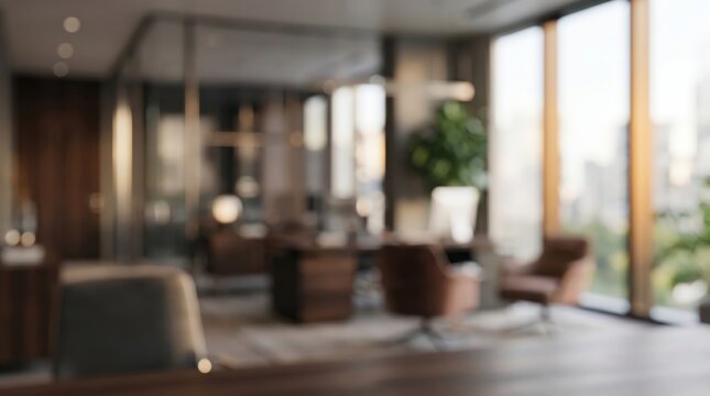 blurred office background modern corporate interior professional workspace empty desk meeting room luxury business environment bokeh city view