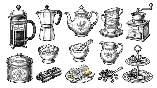 Vintage coffee and tea set vector illustrations, antique cafe kitchenware collection, hand drawn sketch of french press moka pot and teapot
