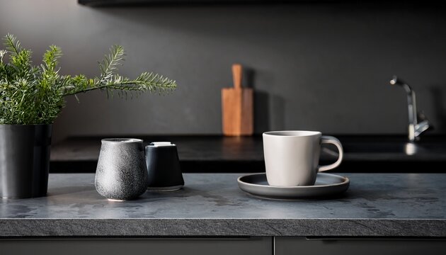 stylish coffee cup on island or countertop in contemporary kitchen dark grey kitchen interior details