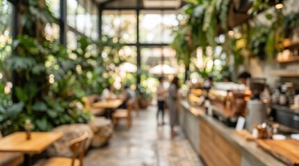 Obraz premium Modern cafe interior blurred background botanical coffee shop indoor plants garden greenhouse aesthetic lifestyle restaurant bokeh
