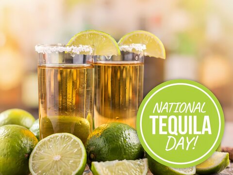 Two shots of tequila with lime wedges and salt rim on a wooden table for national tequila day