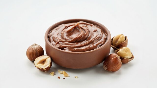 Creamy hazelnut chocolate spread in a small ceramic bowl served with fresh nuts on white background