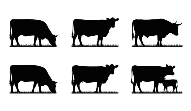 Black and white cow silhouette icons in different poses Vector