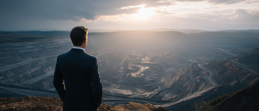 Visionary Leader Gazing Over an Open Pit Mine: A man in a dark suit stands on a high vantage point, his back to the camera.