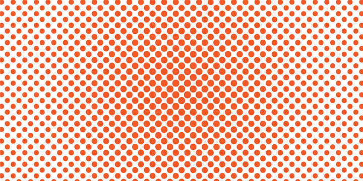 features a repeating geometric pattern of bright orange polka dots set against a clean white background. The dots vary in size, growing larger and 