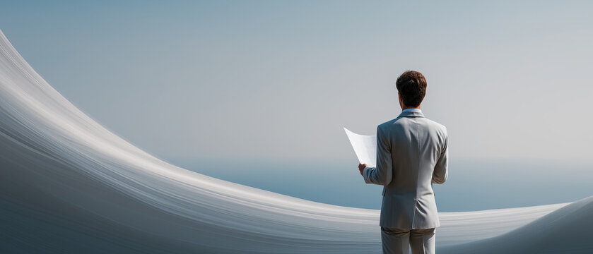 Forward Vision: A solitary businessman in a sharp suit stands with his back to the viewer, holding a document and gazing out at a vast, abstract seascape, symbolizing ambition and future prospect.