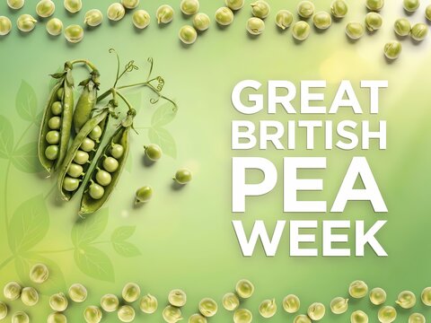 Great british pea week promotional graphic with fresh green pea pods and scattered peas