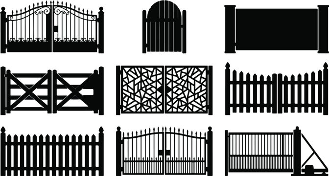 Gate and fence silhouette vector set featuring ornamental iron driveway gates wooden picket fences and sliding barrier