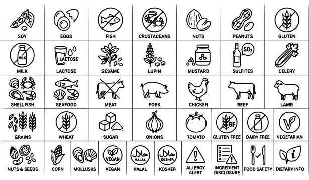 Allergen food warning icon pack with gluten dairy nuts seafood and ingredient symbols
