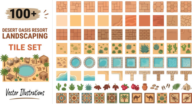 Desert oasis resort landscaping tile set, 100 plus vector game assets, terracotta stone and pool water textures bundle