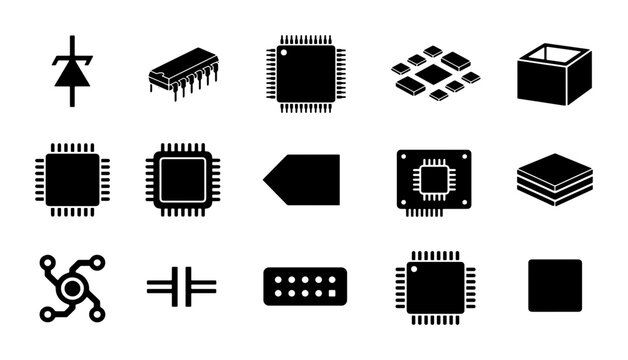 Electronic components icon set, 15 black microchip and semiconductor vector symbols, computer hardware and circuit board elements for engineering