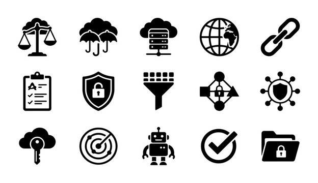 Cyber security icons set, 15 black solid vector symbols for data protection, network safety and cloud computing technology