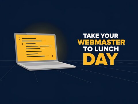 Take your webmaster to lunch day concept with a laptop displaying code on a dark blue background