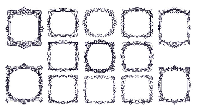 Frames displaying diverse decorative edge styles are grouped together to offer a comprehensive library of artistic borders for framing digital content or enhancing various creative publication.