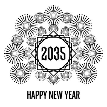 Minimalist happy new year 2035 card with circular firework pattern and frames