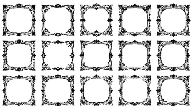 Frames showcasing intricate filigree patterns are organized in a clean arrangement to serve as sophisticated placeholders for high-end photography or elegant typographic compositions in luxury.
