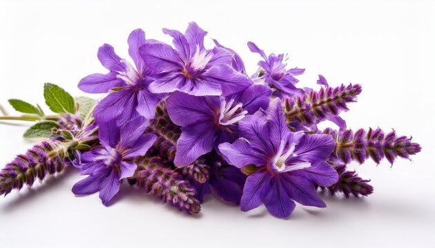 full bloom clary sage herb flowers with refined purple shade on white background