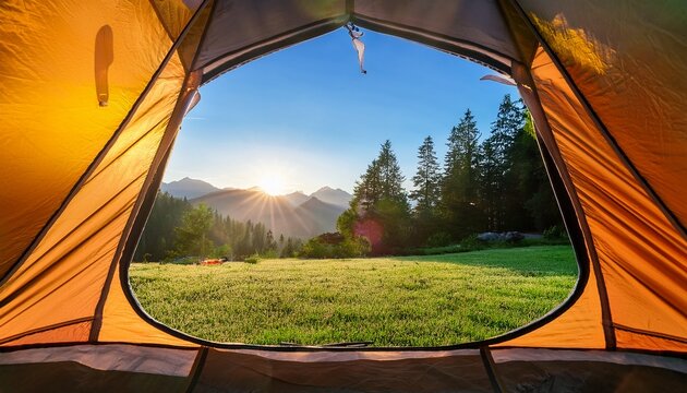 sunrise inside a tent scenic mountain camp scene with a view of green meadow and forest in morning sunshine through an open tent door