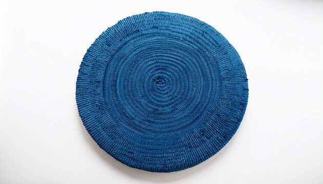 top down view of textured modern blue round carpet on plain white background