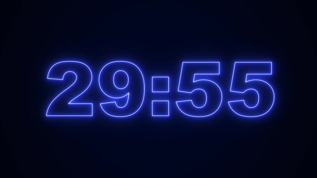 glowing neon 30 minute Countdown timer. neon 30 to 29 minute Countdown timer on black background. 4k video Animated.