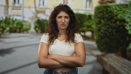 Fototapeta premium Young hispanic woman with crossed arms and bare forearms standing on a street near a building and trimmed hedges; defiance.