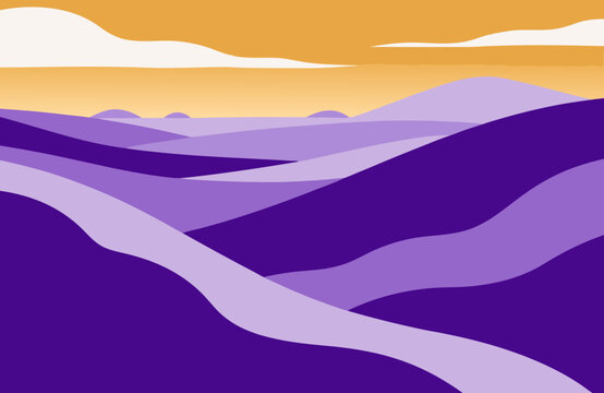 Abstract lavender hills under a warm orange sky with stylized clouds