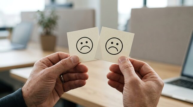 Close up of hands holding two cards with sad face emoji in office setting depicting customer dissatisfaction bad feedback negative experience and work unhappiness.
