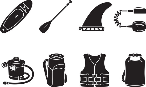 Stand up paddle board icon set featuring paddleboard oar fin ankle leash air pump life vest and dry bag