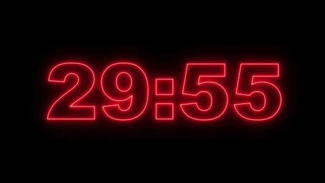 glowing neon 30 minute Countdown. neon 30 to 29 minute Countdown timer on black background. neon Countdown timer from 30 minute to 29 minute suitable for presentations, educational. 4k video Animated.