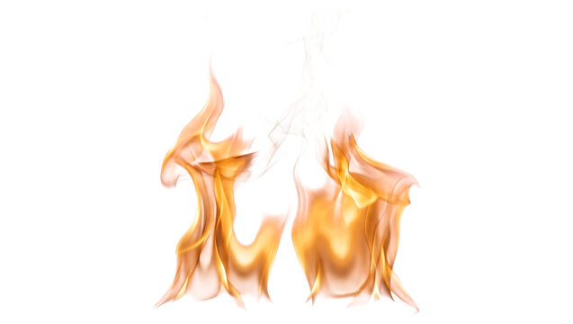 Vibrant orange and yellow tongues of fire dancing upwards with intense heat and glowing light patterns isolated as a realistic element on transparent background