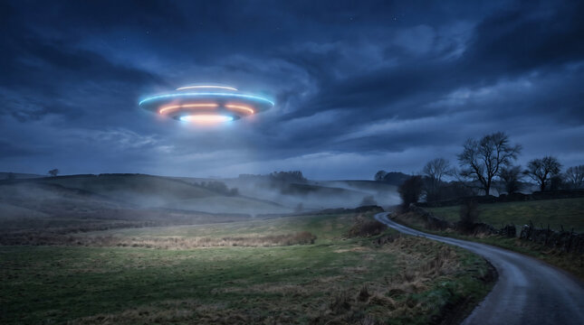 World UFO Day Night Encounter Above Misty Rural Road and Rolling Countryside