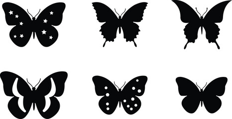 A collection of six detailed black vector silhouettes showcasing various butterfly wing shapes and patterns, representing nature, elegance, freedom, and delicate insect life. isolated on transparent b © Rizwat
