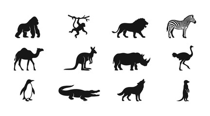Obraz premium Collection of african wildlife animal silhouettes including gorilla lion zebra camel and kangaroo silhouette