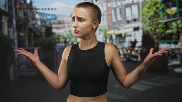 Woman with buzzcut and raised arms shrugging, bare midriff in black crop top on a busy street with bunting and cafes; confusion questioning.
