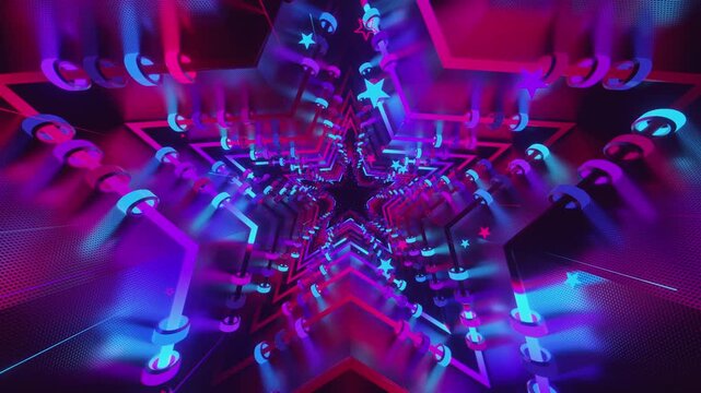 Seamless digital star vortex with rhythmic motion and glowing geometric elements, creating a deep perspective background for stage screens and event displays.
