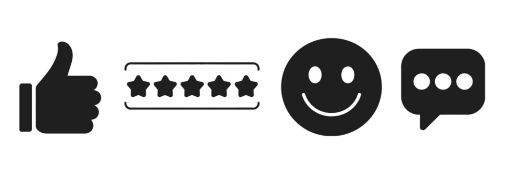 minimalist black feedback and rating icons set featuring thumbs up, five stars, smiley face, and speech bubble symbols, user satisfaction and customer review concept, clean modern vector illustration 